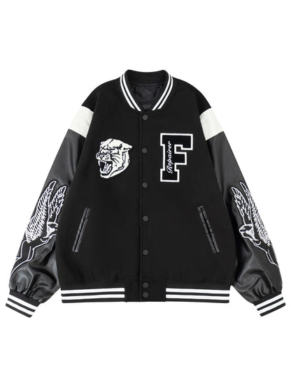Jaqueta Casual Feminina Estilo Varsity, Casaco Letterman de Beisebol, Roupa de Rua com Bordado Fino e Mangas de Couro Sintético