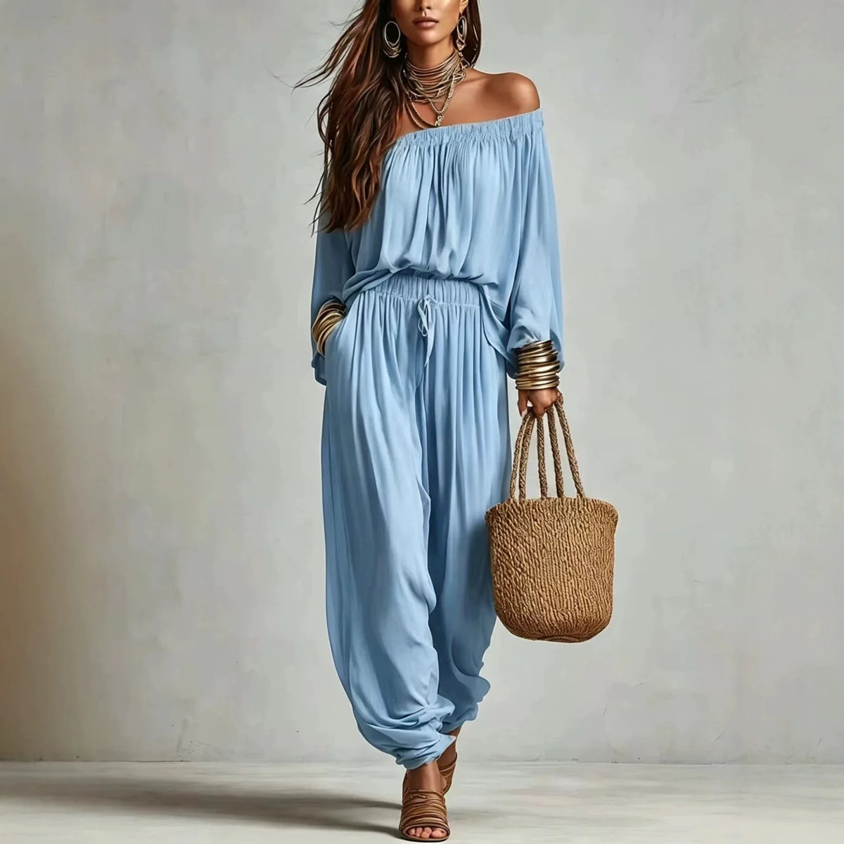 Conjunto Elegante de Duas Peças com Blusa de Manga Longa Off Shoulder e Calças Jogger com Cordão para Mulheres