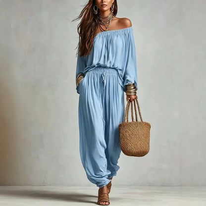 Conjunto Elegante de Duas Peças com Blusa de Manga Longa Off Shoulder e Calças Jogger com Cordão para Mulheres