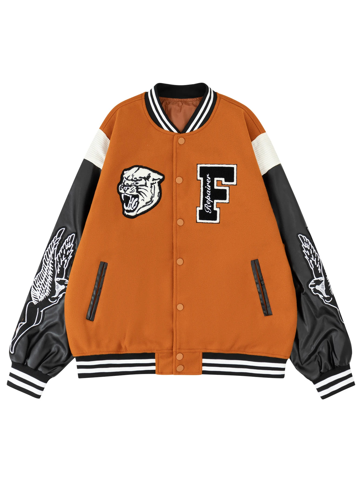 Jaqueta Casual Feminina Estilo Varsity, Casaco Letterman de Beisebol, Roupa de Rua com Bordado Fino e Mangas de Couro Sintético
