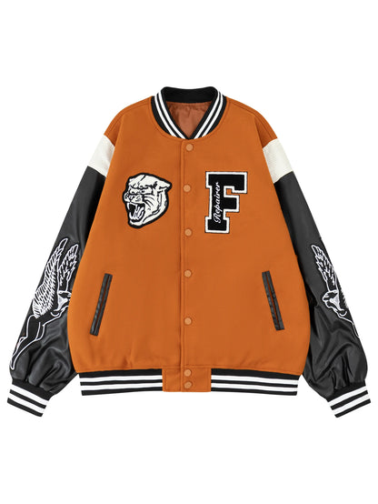 Jaqueta Casual Feminina Estilo Varsity, Casaco Letterman de Beisebol, Roupa de Rua com Bordado Fino e Mangas de Couro Sintético