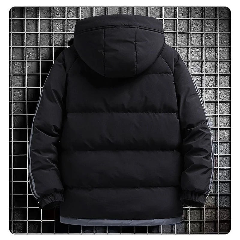 Jaqueta masculina listra moda cor combinando quente grosso high street com capuz zíper algodão-acolchoado casaco oversize cordão parka casaco