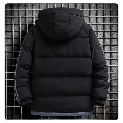 Jaqueta masculina listra moda cor combinando quente grosso high street com capuz zíper algodão-acolchoado casaco oversize cordão parka casaco