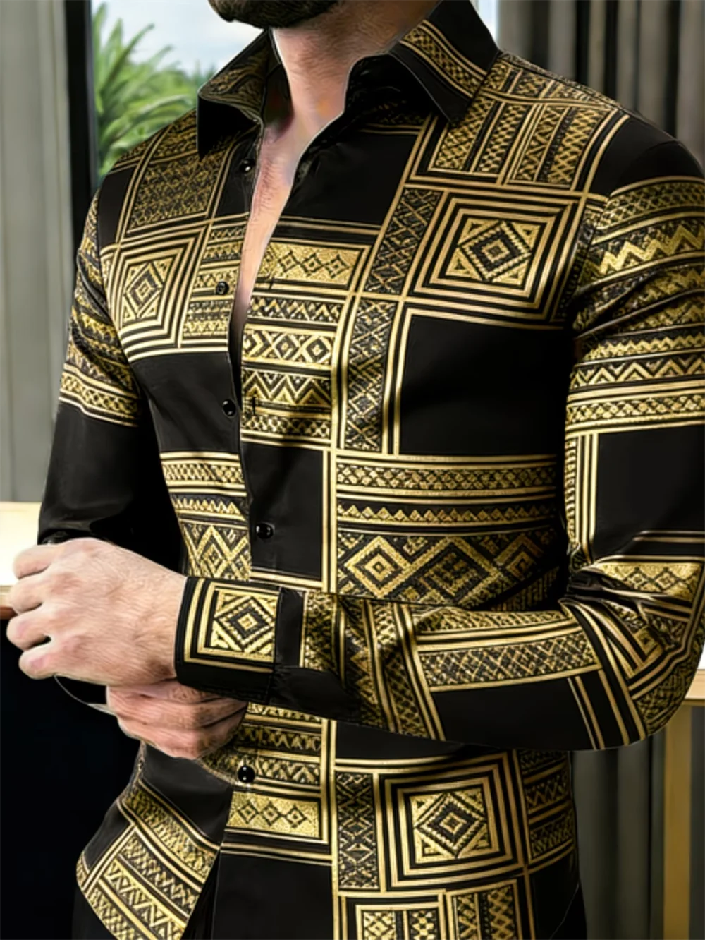 Nova Camisa Masculina de Manga Longa com Estampa 3D Cruzada e Padrão de Alta Qualidade, Blusa Casual de Manga Longa com Gola