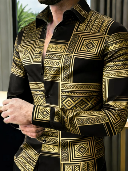 Nova Camisa Masculina de Manga Longa com Estampa 3D Cruzada e Padrão de Alta Qualidade, Blusa Casual de Manga Longa com Gola