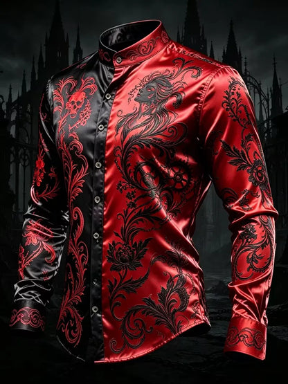 Nova Camisa Masculina de Manga Longa com Estampa Geométrica de Arquitetura do Deserto em Preto e Dourado, Top de Cetim Brilhante