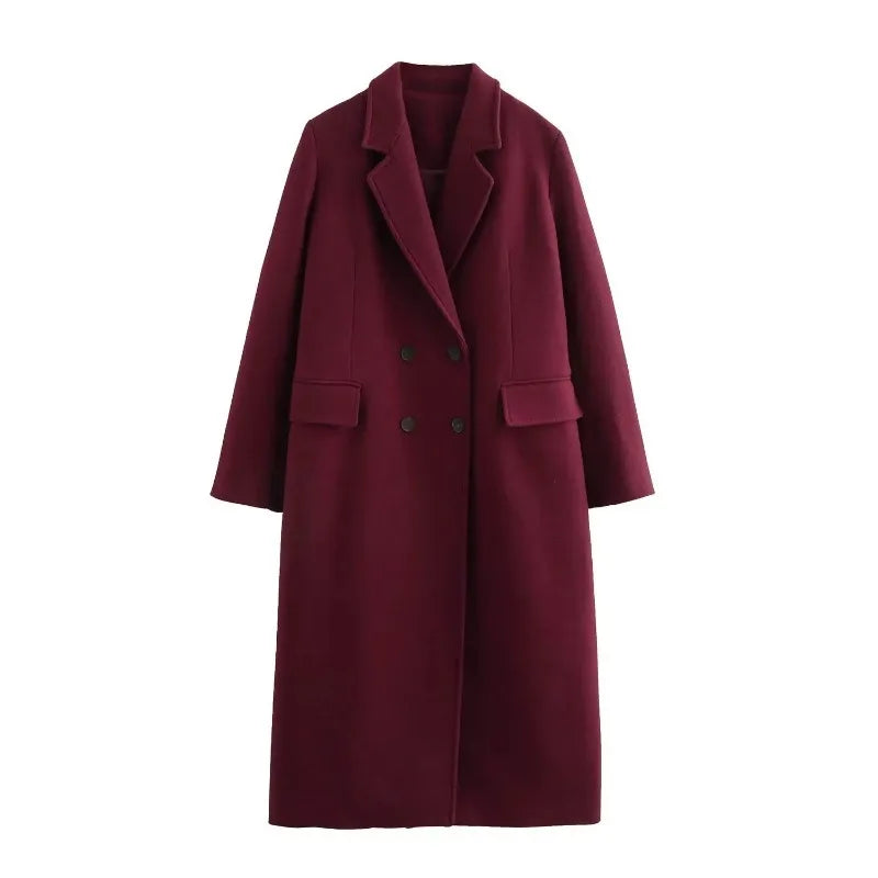 Casaco longo feminino KADUWAKI de lã, casual, elegante, com gola dobrável, mangas compridas, bolsos e abotoamento duplo, ideal para outono e inverno.