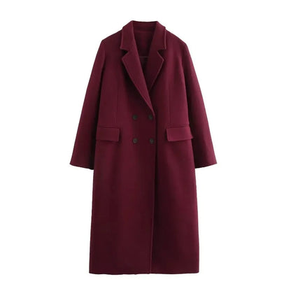 Casaco longo feminino KADUWAKI de lã, casual, elegante, com gola dobrável, mangas compridas, bolsos e abotoamento duplo, ideal para outono e inverno.