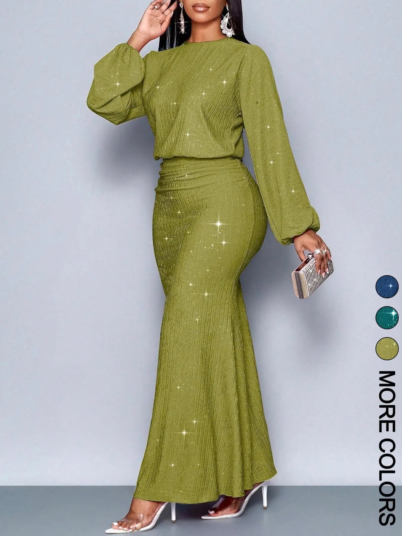 Novo Vestido Feminino da Moda com Miçangas, Manga Longa, Saia Sereia Plissada, Elegante e Justo para Festas de Outono