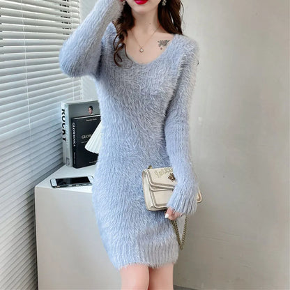 2023new vison veludo vestido de malha feminina outono inverno elástico fino camisola de fundo manga longa com decote em v senhora do escritório vestido elegante