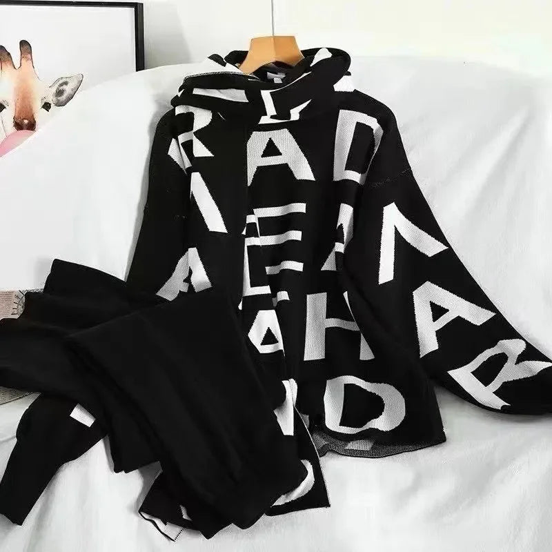 Casual malha outono inverno feminino 2 peça conjunto tornozelo comprimento calças de perna larga terno coreia carta impressão camisola topos cachecol conjunto
