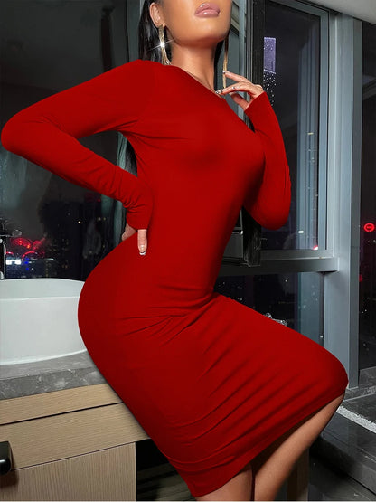 Novo vestido feminino justo e altamente elástico, cor sólida, sexy, manga comprida, modelo envelope, comprimento midi.