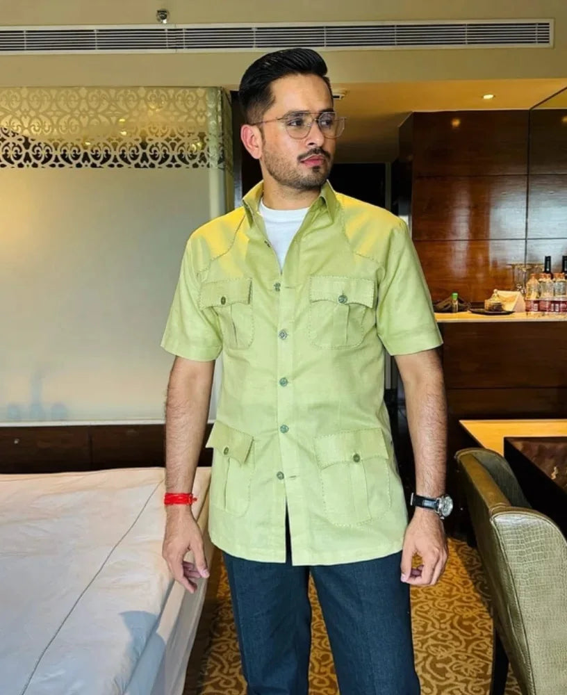 Camisa Masculina Casual Estilo "Hunting" em Linho – 100% Linho, Tingimento Liso, Ecológica, Respirável e Confortável para o Verão, com Gola Clássica