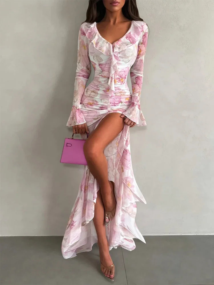 Vestido Longo Plissado com Mangas Borboleta para Mulheres, Decote V Profundo, Estampa Floral, Sexy, com Cintura Ajustável, Vestidos Femininos para Férias e Passeio