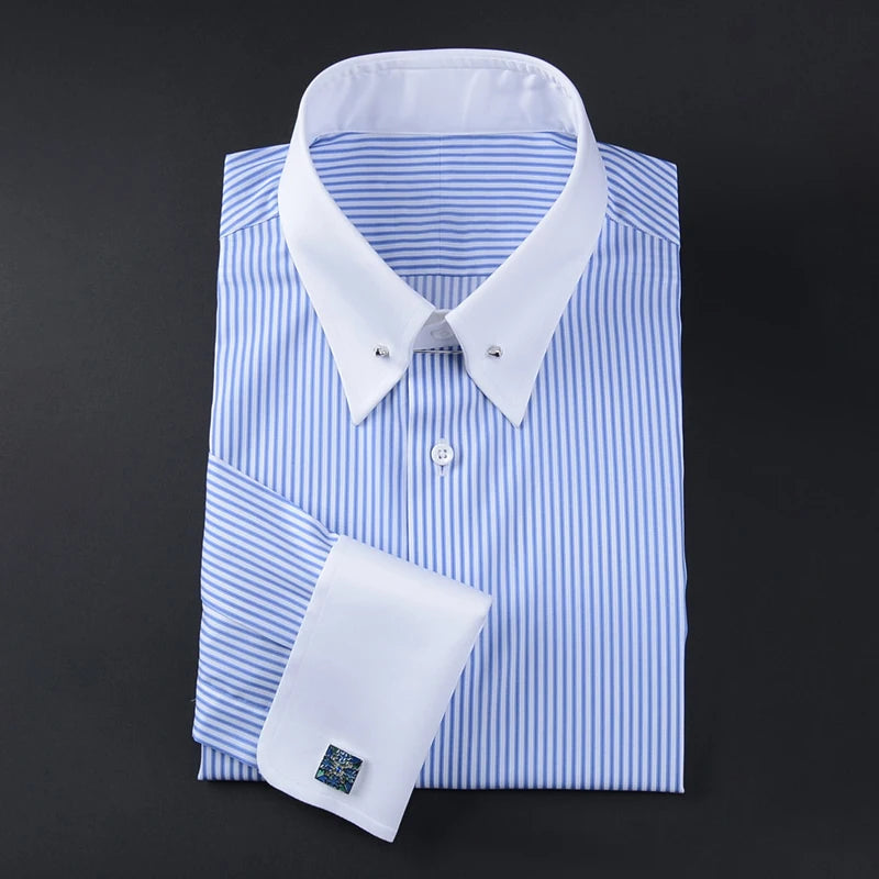 Camisa francesa justa-fit listrada masculina, gola império, manga longa, tendência de negócios