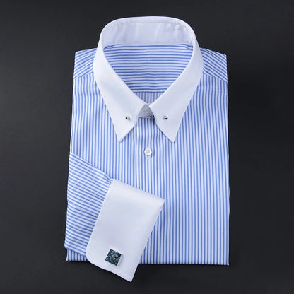 Camisa francesa justa-fit listrada masculina, gola império, manga longa, tendência de negócios