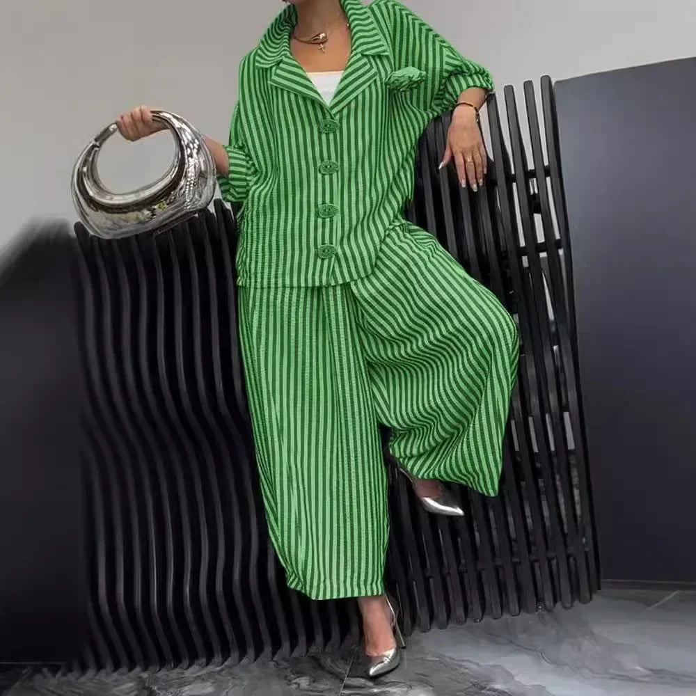 2025 Spring Fall Women's 2 Piece Set Suit Office Lady Floral Striped Loose Blazer Casual Wide Leg Pants Suits For Women Clothing