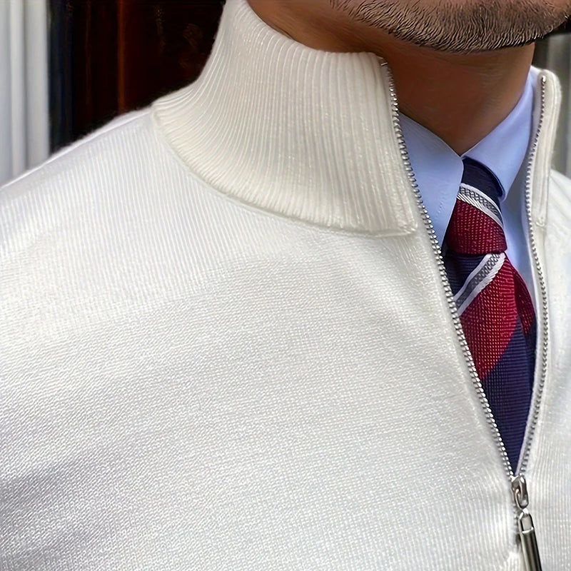 Suéter Masculino de Primavera e Outono com Zíper de Um Quarto, Ajuste Slim, Estilo Polo para Negócios, Gola Alta, Pulôver de Tricô