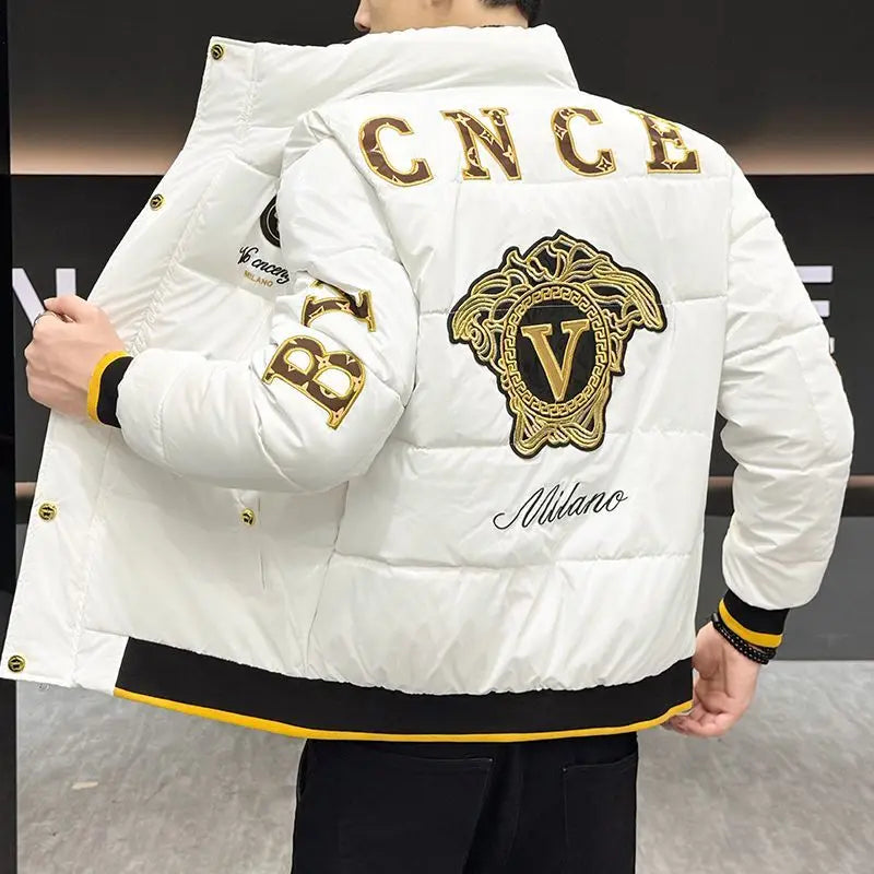 Novo casaco de moda brilhante, estilo europeu, bordado, masculino, com gola alta, acolchoado com algodão, grosso e quente.