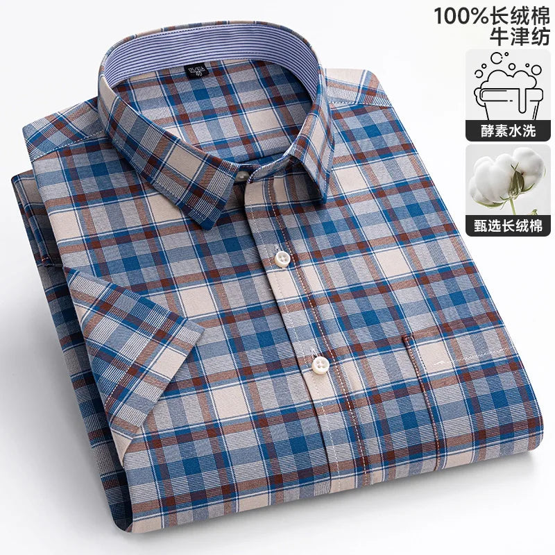 100% algodão puro oxford camisas masculinas manga curta xadrez macio regular ajuste formal vestido camisa blusa social roupas masculinas 6xl 7xl