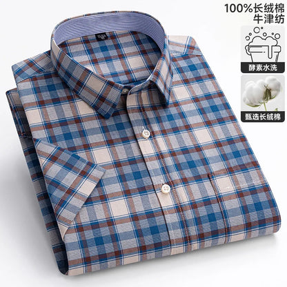 100% algodão puro oxford camisas masculinas manga curta xadrez macio regular ajuste formal vestido camisa blusa social roupas masculinas 6xl 7xl