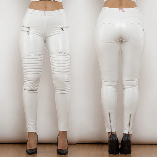 Shascullfites melodia branco calças de couro do plutônio revestimento mulher moda calças finas leggings de couro falso cintura elástica calças femininas