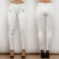 Shascullfites melodia branco calças de couro do plutônio revestimento mulher moda calças finas leggings de couro falso cintura elástica calças femininas