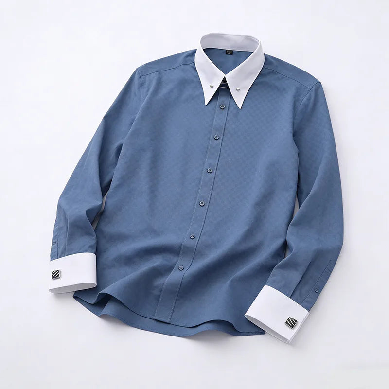 Camisa Social Masculina de Manga Longa com Abotoaduras Francesas Bordadas e Gola Grande, Sem Gravata, para Negócios e Ocasiões Formais