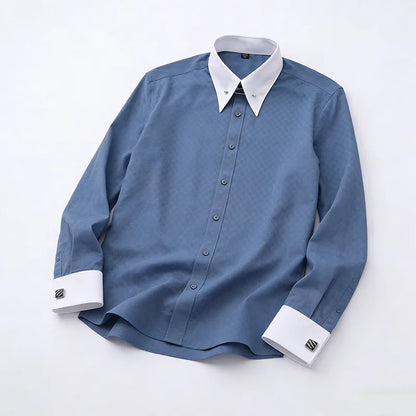 Camisa Social Masculina de Manga Longa com Abotoaduras Francesas Bordadas e Gola Grande, Sem Gravata, para Negócios e Ocasiões Formais