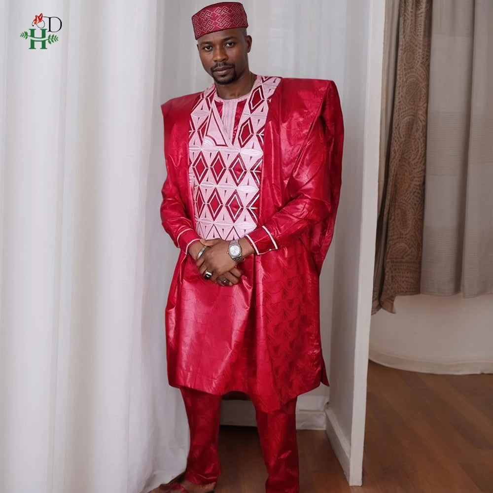 Roupas Africanas H&D para Homens, Conjuntos Tradicionais Agbada 3 Peças, Bordado Bazin Riche, Trajes de Casamento para Casais, Trajes Femininos Boubo