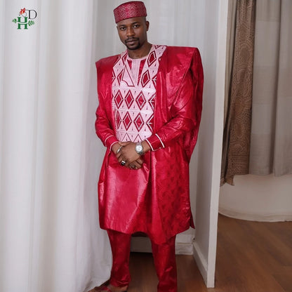 Roupas Africanas H&D para Homens, Conjuntos Tradicionais Agbada 3 Peças, Bordado Bazin Riche, Trajes de Casamento para Casais, Trajes Femininos Boubo