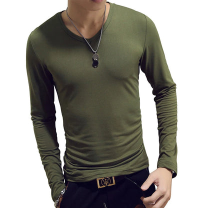 Camiseta masculina de manga comprida com estampa "Cultive a Moralidade" para a Primavera e o Outono, gola redonda, em poliéster liso, nas cores vermelho, azul e preto.