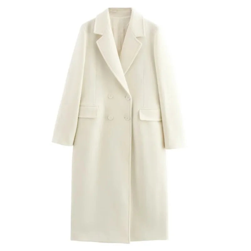 Casaco longo feminino KADUWAKI de lã, casual, elegante, com gola dobrável, mangas compridas, bolsos e abotoamento duplo, ideal para outono e inverno.