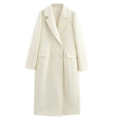 Casaco longo feminino KADUWAKI de lã, casual, elegante, com gola dobrável, mangas compridas, bolsos e abotoamento duplo, ideal para outono e inverno.