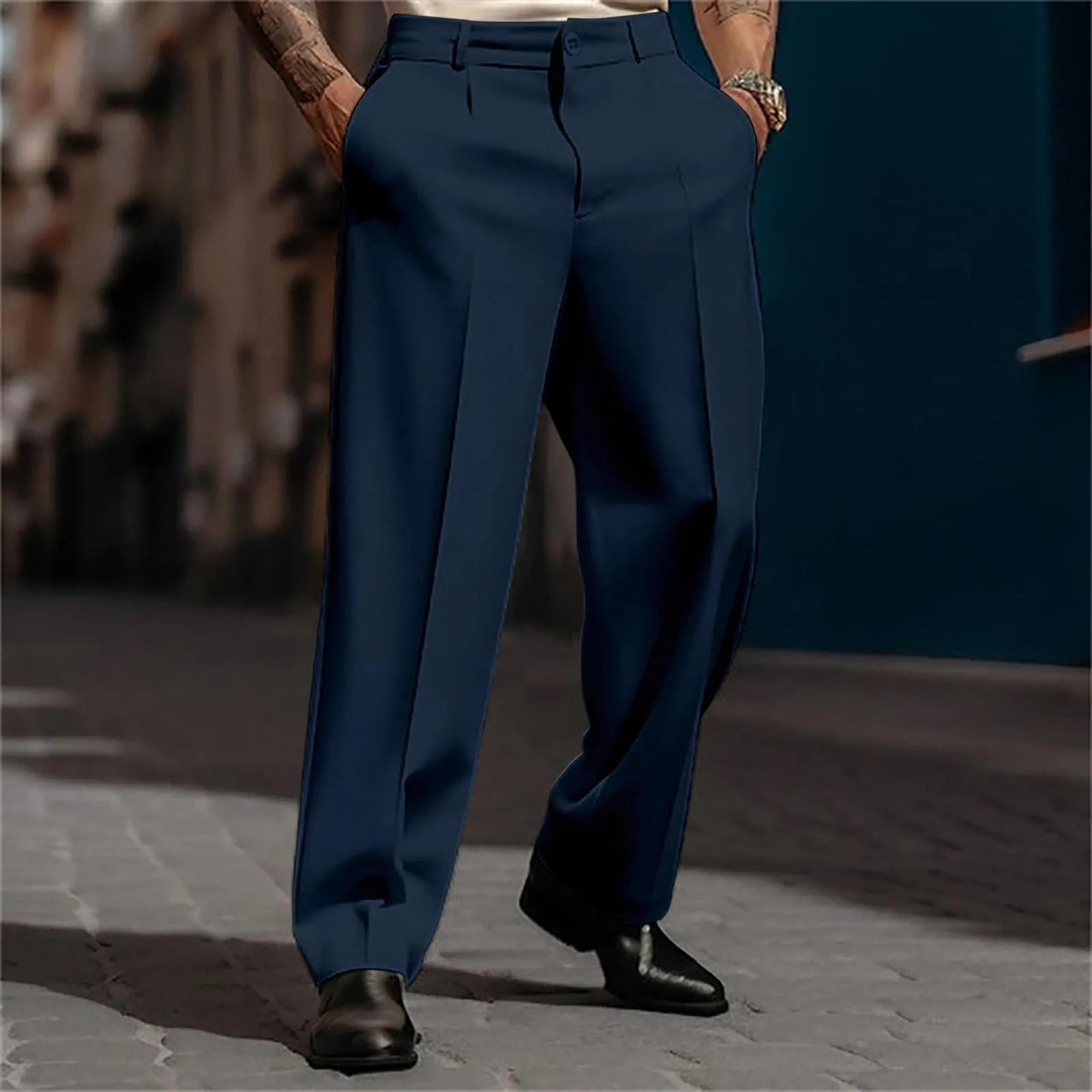 Calças de terno masculino moda perna reta respirável calças casuais cor pura bolso uso diário ajuste confortável