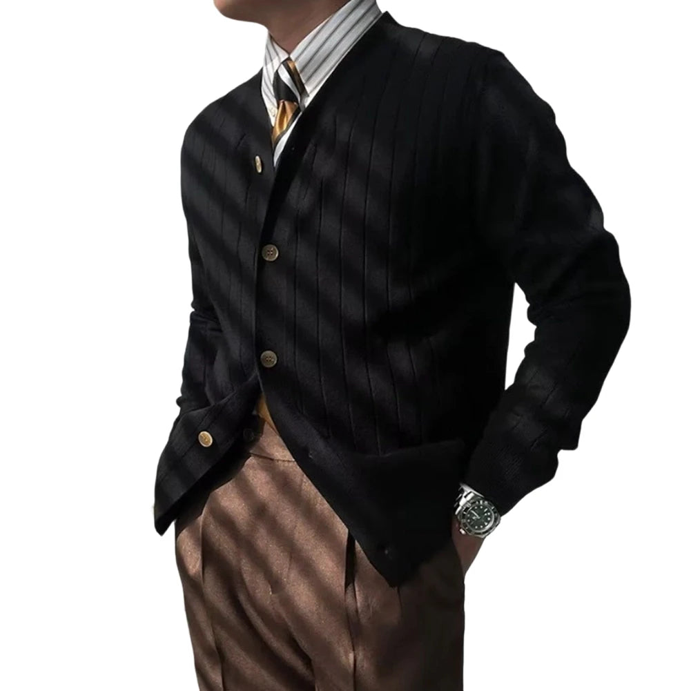 Cardigã Masculino de Tricô com Gola V e Botões, Casual e Simples, para Negócios e Uso Doméstico, Outono