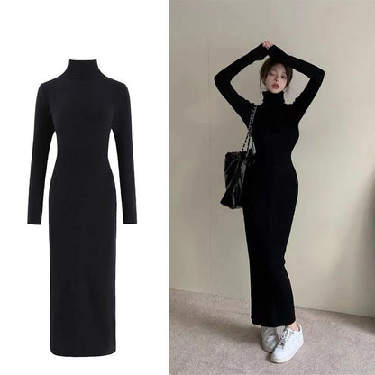 Gola alta vestidos pretos femininos sólidos magros roupas femininas outono tornozelo comprimento bodycon manga longa sexy quente moda trompete