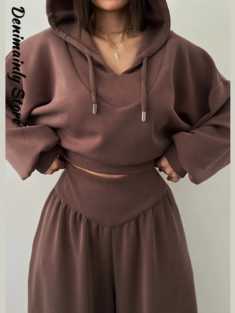 Casual azul escuro recortado calças com capuz conjunto feminino solto curto pulôver cintura alta calças de perna larga 2 peça conjunto 2026 femmes outfit