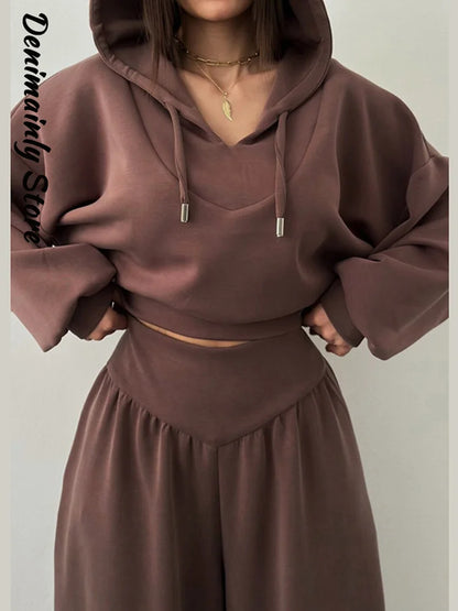 Casual azul escuro recortado calças com capuz conjunto feminino solto curto pulôver cintura alta calças de perna larga 2 peça conjunto 2026 femmes outfit