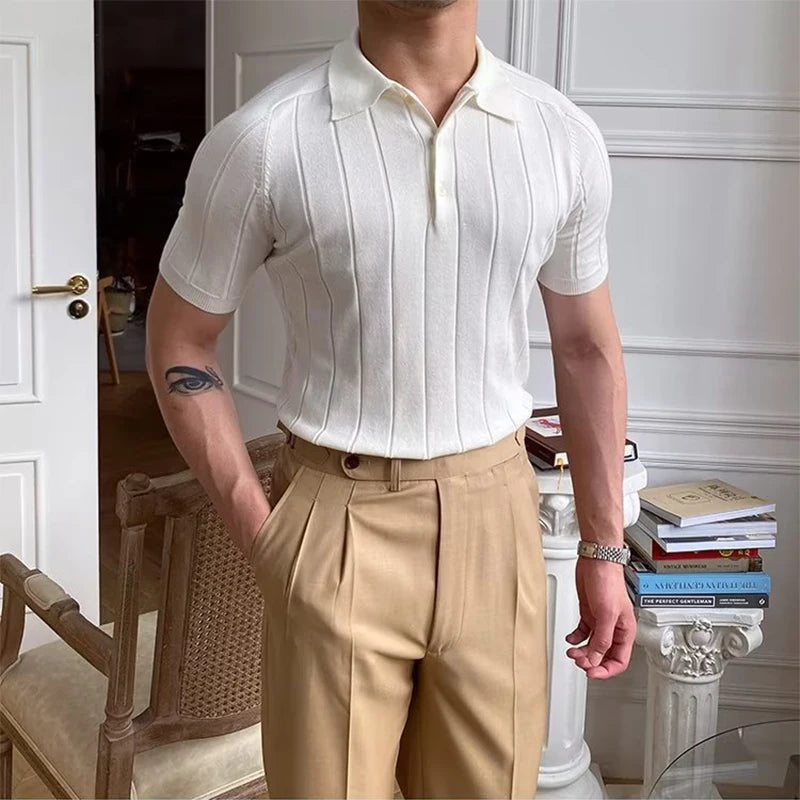 Camisa polo de malha elástica, pulôver casual, manga curta, tops de malha de botão de lapela, roupas da moda, primavera, verão, 2023