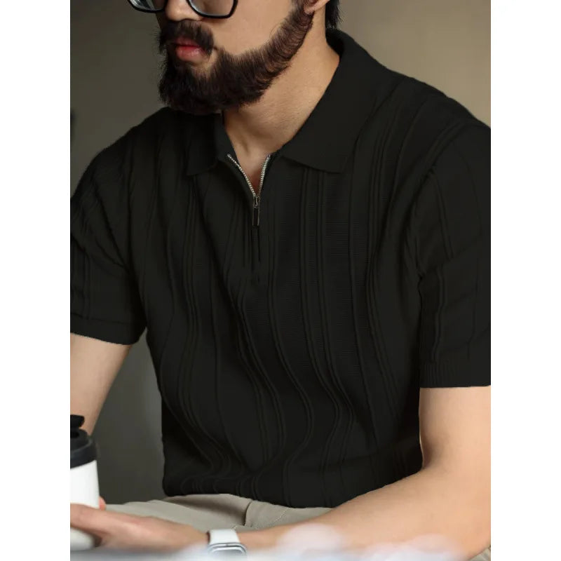 Camisa de Manga Curta Estilo Tricotado Fino de Alta Qualidade com Zíper Masculina Fashion Confortável Casual Solta Coreana que Combina com Tudo