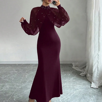 Vestido Longo Sereia Feminino 2026 Elegante com Gola Alta, Manga Longa em Tule, Cintura Marcada e Renda Sexy para Casamento