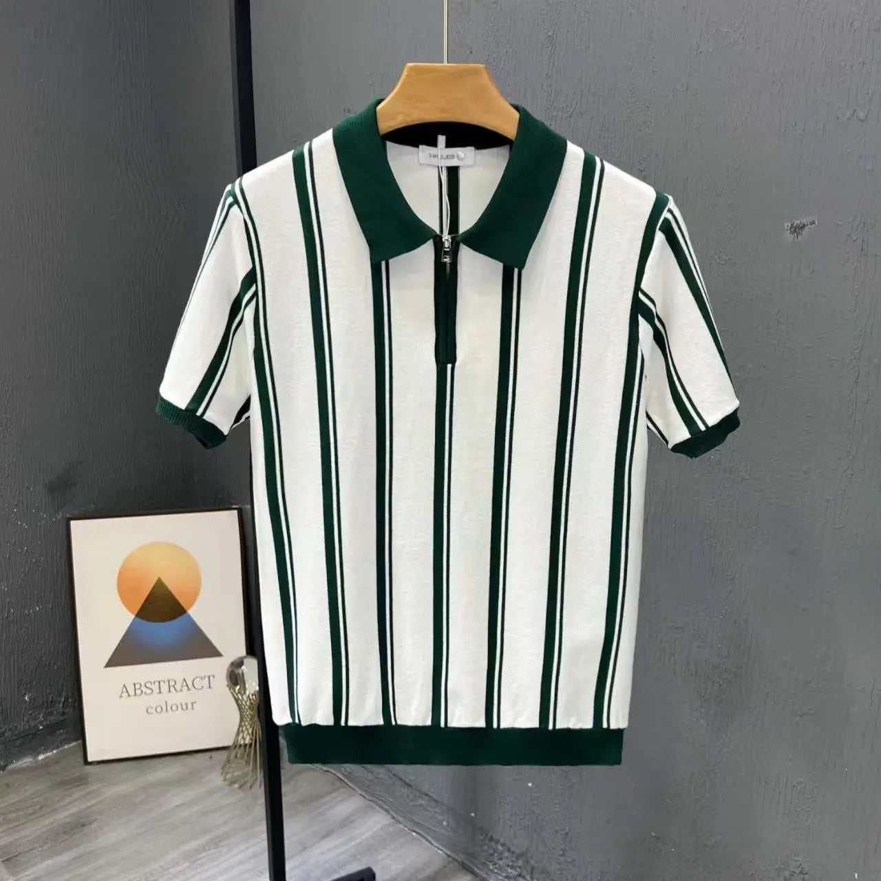 Alta qualidade verão novo masculino tricô listra manga curta camiseta masculina casual botão moda topo camisa polo