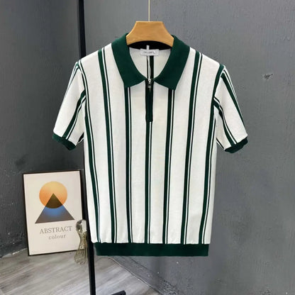 Alta qualidade verão novo masculino tricô listra manga curta camiseta masculina casual botão moda topo camisa polo