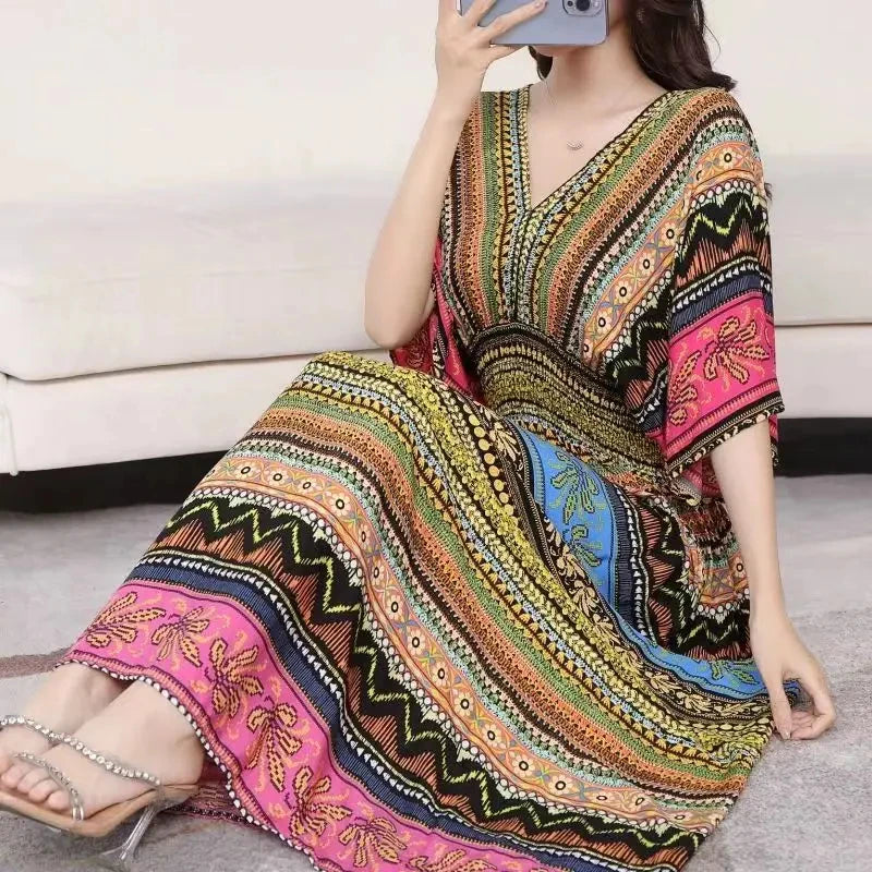 Flor colorida com decote em v elástico jovem boêmio doce midi vestido mulher roupas chique moda vestidos de verão 2025 grande balanço esqui