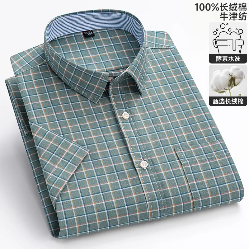 100% algodão puro oxford camisas masculinas manga curta xadrez macio regular ajuste formal vestido camisa blusa social roupas masculinas 6xl 7xl