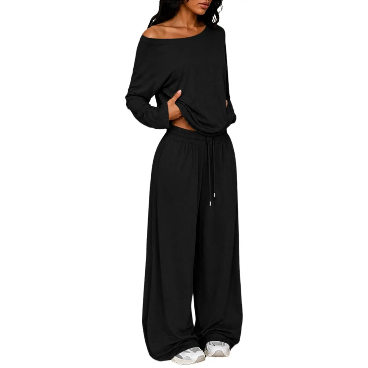 Conjunto Feminino de 2 Peças: Blusa Ombro a Ombro de Manga Longa Solta e Calça Pantalona com Cordão e Bolsos – Macio e Casual