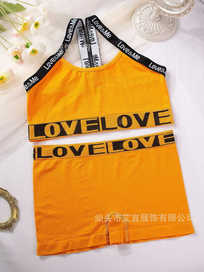 Conjunto de ioga esportiva de 2 peças para mulher, com estampa de letras, ideal para o verão, praia, academia, calça e shorts com alças, estilo anos 2000. Roupas femininas baratas.