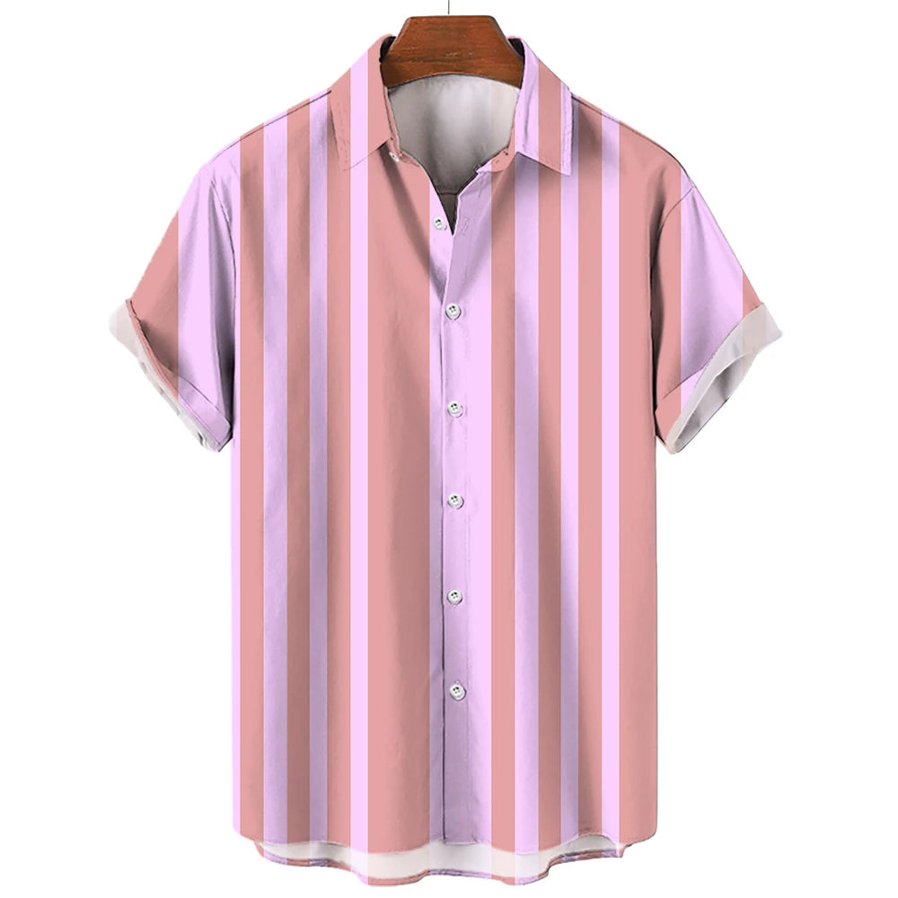Camiseta listrada de manga curta com botão havaiano masculina, blusa xadrez, roupa de praia vermelha, camisa preta e branca, roupas masculinas, verão