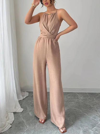 Feminino primavera/verão casual tecido plissado halterneck frisado cintura botão e gravata design maxi macacão